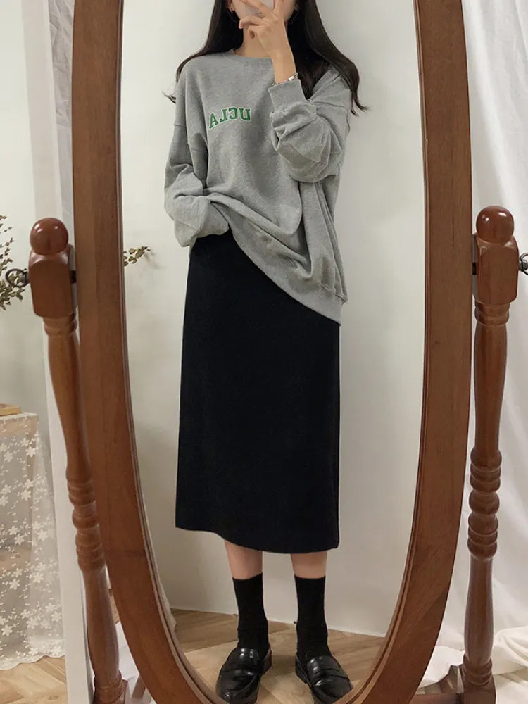 Solid Black Brown Mid Calf Women Skirt Vintage Spring Summer Straight Mi-long High Waist Girls skirts Femininas winter women